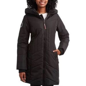 Canada Weather Gear Women's Black Hooded Puffer Jacket with Hood & Faux Fur Trim